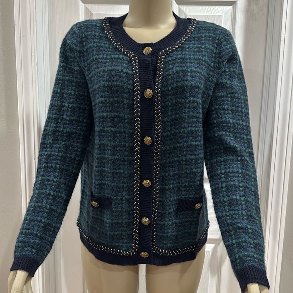 NWT. C by Bloomingdale's Cashmere Tweed Cardigan. Navy Combo.